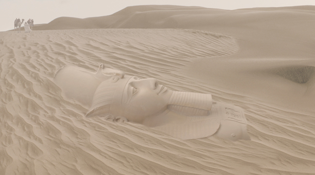 Ozymandias Ramses II statue in the desert, composite image based on Shelley's poem