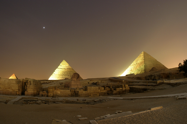 Pyramids at Giza with Venus rising, Egypt