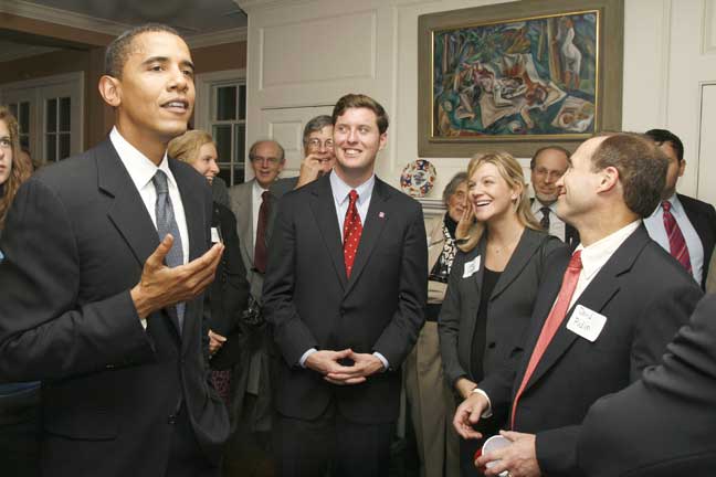 Barack Obama speaking at Democratic Party Fund raiser. Patrick Murphy & his wife Jenni listening.